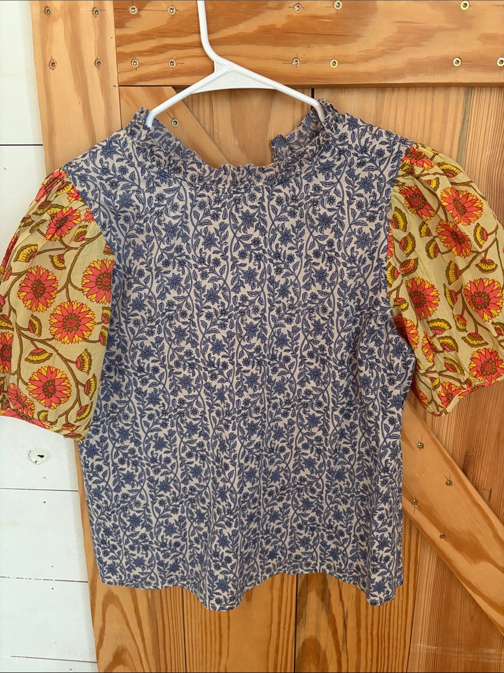 THML Mixed-Print Puff Sleeve Blouse in Blue and Yellow Floral